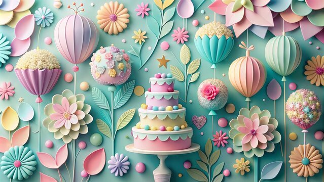 Vibrant paper cutouts of balloons, cakes, and flowers in pastel hues, delicately arranged to create a whimsical and festive birthday greeting card design.