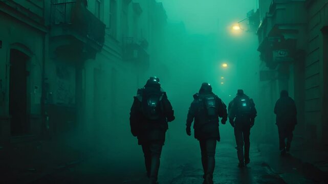 Three hazmat-suited figures walk through a foggy urban street