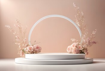 Circular stand for placing product sample photos, minimalist style, decorated with flowers on both sides, pastel tones, modern, cute, backdrop, mockup. up, display stand