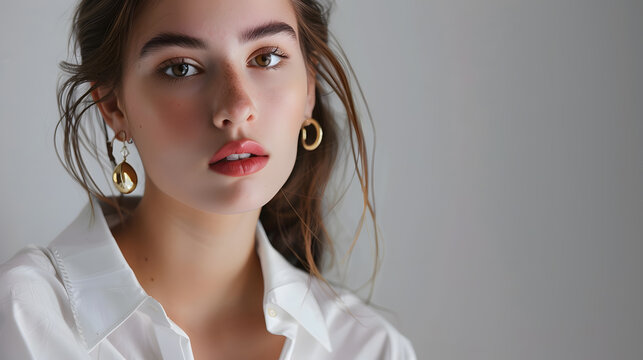 Attractive sexy woman wear business look Girl look sexy and sensual Elegant look Brunette model wear white shirt gold earrings and black pants Winter fall autumn or spring minimal outf : Generative AI