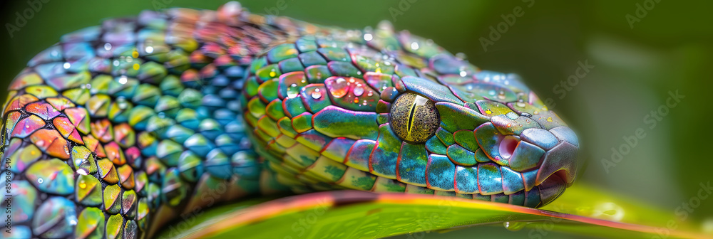 Wall mural close up of the head and neck of an electric rainbow snake, generative AI