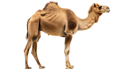 Portrait of Camel standing isolated on transparent png background, Animal in the jungle, wildlife and habitat concept, Environmental Conservation.
