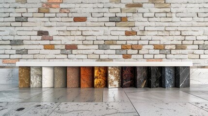 Various colored granite countertop against white brick wall