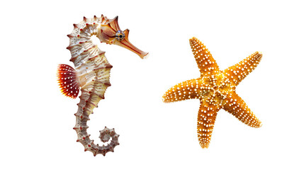 seahorse (hippocampus) and starfish (asteroidea), isolated on white background. 