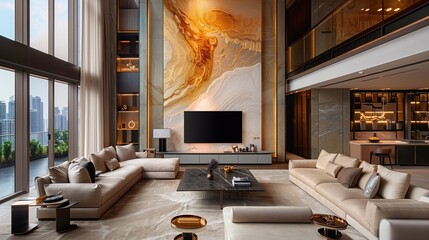 Luxurious, modern living room with high ceilings, floor to ceiling windows showcasing a cityscape view, and a large abstract art piece on the wall. The room is furnished with plush sofas.