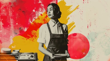 A woman standing in a kitchen, wearing an apron, looking at a plate of food The background is a bright yellow and red. AIGZ01