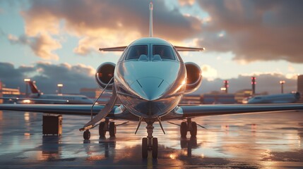Luxury Private Jet Ready for Takeoff at Sunset on a Rainy Tarmac