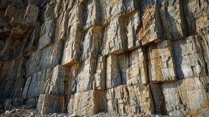 Vertical lines in a rock wall created by quarry drills on a sunny day