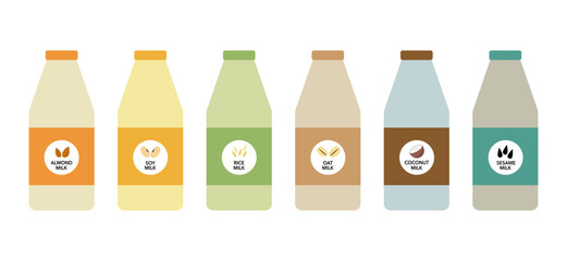 Set of vegan milk bottles with vegetarian or plant based milk, soya, oatmeal, coconut, almond, rice and sesame milk in flat design.