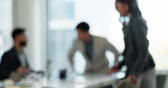 Blurred background, meeting and teamwork with business people in boardroom of office together. Collaboration, corporate and planning with employee group in workplace for discussion or training