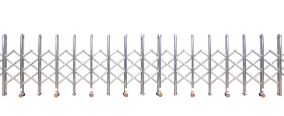Panoramic view of stainless steel barrier gate or folding fence gate isolated on transparent background, png file