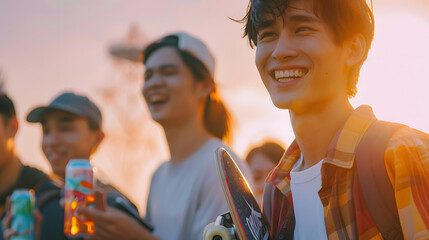 happy asian man holding skateboard near friends with smartphones and soda can : Generative AI