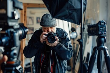 The photographer is in a professional studio, with lighting equipment and photographs, focusing on creative work AIG58