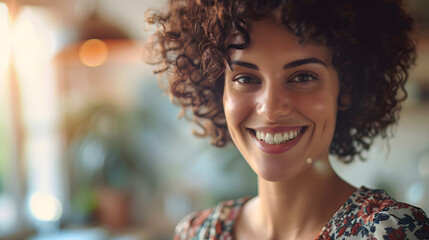 Attractive young curly shorthaired woman in floral dress smiles and looks into camera Portrait of fashion designer in office : Generative AI
