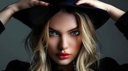 Fototapeta premium Beautiful young mysterious blond girl in black hat and black jacket on gray background Eyes are covered with a hat Manicure long red nails nail polish Fashion beauty : Generative AI