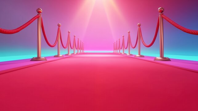 Cartoon 3d illustration of red carpet with golden stayers and ropes on both sides. Horizontal bright background.