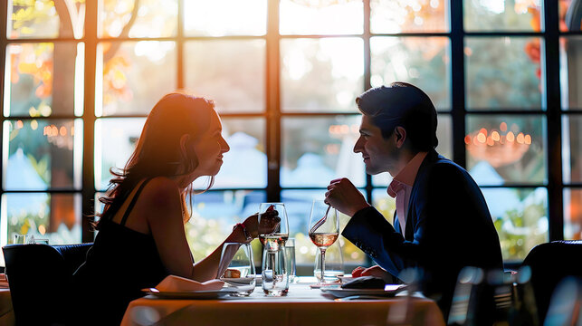 An affluent couple savoring a delightful and refined dining experience at an upscale high end restaurant surrounded by an elegant and sophisticated atmosphere