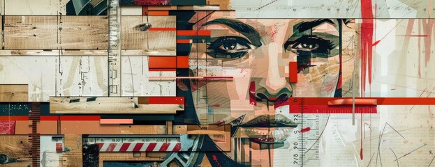 The image is a colorful portrait of a woman. Her face is made up of many different colored shapes and lines. The colors are bright and vibrant, and the lines are sharp and defined. The woman's eyes