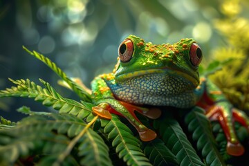 A Vibrant Green Tree Frog Resting on Lush Foliage