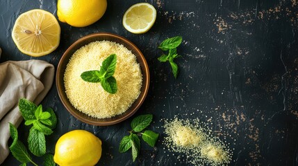 Couscous with mint and lemon on dark rustic table top view with space for text