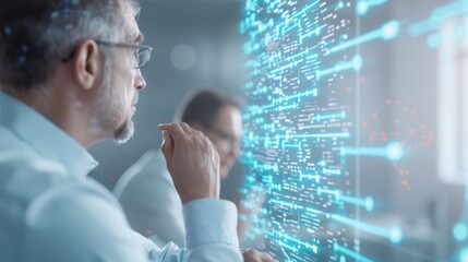 Senior man analyzing complex data on a transparent screen in a high-tech office environment