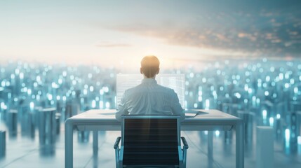 Rear view of a man analyzing data on computer screens in a futuristic office with glowing lights and digital interface