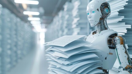 Humanoid robot sorting and reading stacks of documents in futuristic archive with blurred background