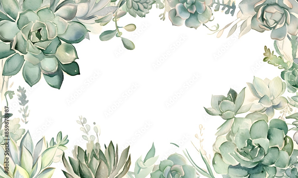 Wall mural A square watercolor frame succulents on white background, Generative AI