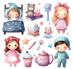 Adorable illustrations of children in pajamas, toys, books, and bedtime items, perfect for children's stories and nursery decor.