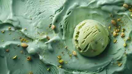 Fototapeta premium Close-up shot of a single scoop of pistachio ice cream with chopped pistachios.