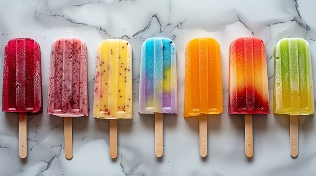 Colorful popsicles on a marble background.