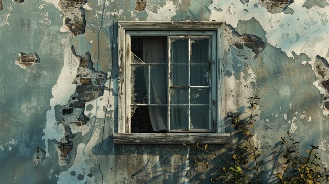 Vintage farmhouse window and damaged wall