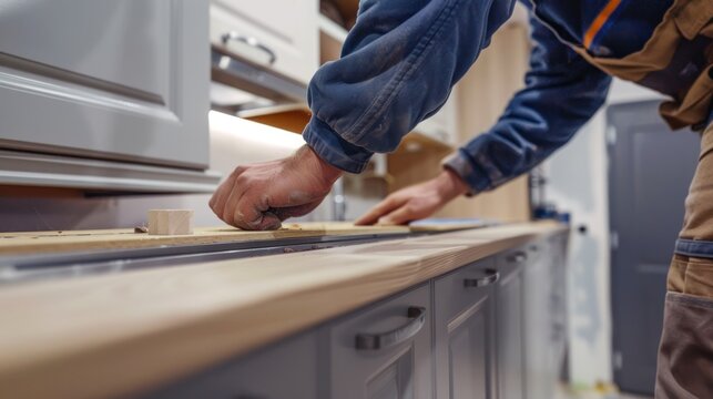 A worker install kitchen cabinets and counter of a beautifully designed kitchen.