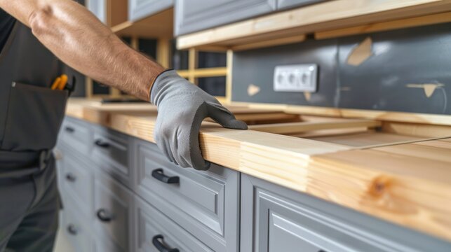 A worker install kitchen cabinets and counter of a beautifully designed kitchen.