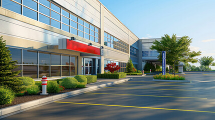 Front view of a hospital building with a parking lot and an emergency entrance sign. Exterior architecture of modern medical center.