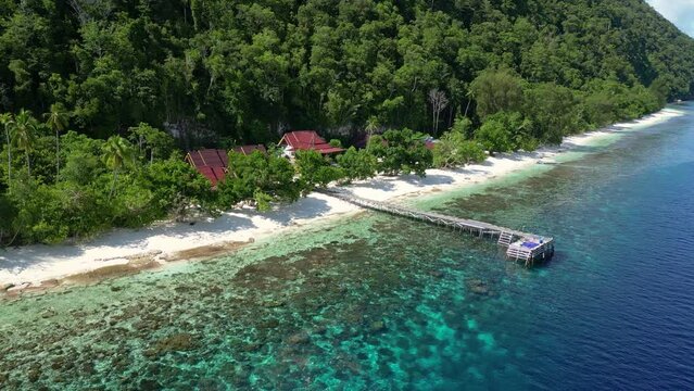 Raja Ampat, Indonesia: Aerial drone footage of a resort in the Mansuar island in Raja Ampat, famous for its diving, in Papua in Indonesia.