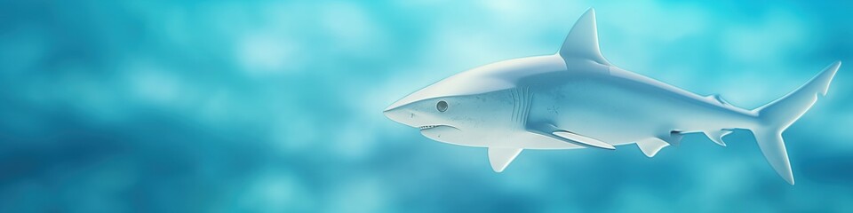 Obraz premium Abstract minimalistic marine scene with shark, wide panoramic banner with copy space.