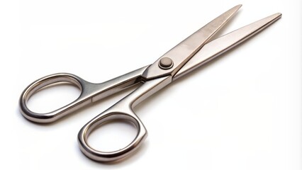 Obraz premium Isolated white background showcasing opened metallic scissors with sharp blades positioned diagonally, ready for precise cutting action.