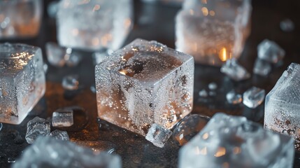 Close-up of ice cubes with water droplets on a dark surface.