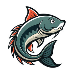 Fototapeta premium Illustration of a green fish leaping out of water. It has a big round eye, wide mouth, red fins, and green & white body with blue tail on a white backdrop.