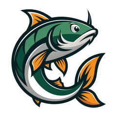 Fototapeta premium This image shows a cartoon fish with green and orange scales. The fish is jumping out of the water with its tail fin extended. The fish has a large eye and a small mouth.