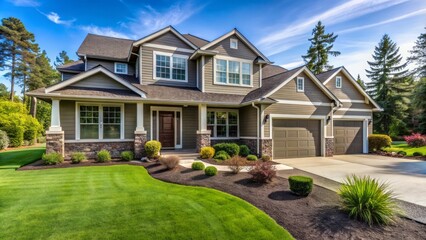 A newly constructed suburban home with a well-manicured lawn and a paved driveway stands alone awaiting final inspection approval.