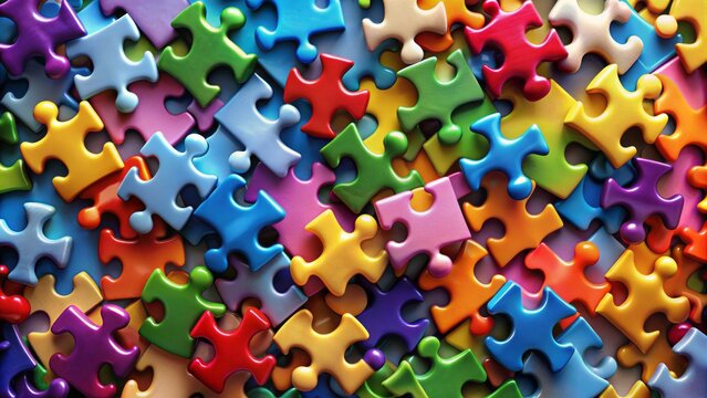 Vibrant interlocking puzzle pieces in various colors and shapes, forming a cohesive whole, symbolizing diversity, inclusion, and equality in harmony.
