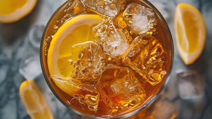 Closeup of a refreshing drink with ice cubes and lemon slices.