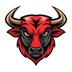 Fototapeta premium This is a cartoon illustration of a red bull mascot with a fierce expression. It has large, menacing horns and a black nose.