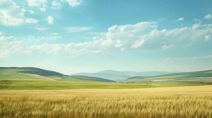Obraz premium Countryside Charm: A peaceful countryside scene with rolling hills, fields of golden wheat, and a clear blue sky. Plenty of space in the fields or sky for text overlay.