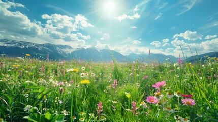 Fototapeta premium Fresh Meadows: A lush green meadow carpeted with colorful wildflowers, with snow-capped mountains in the distance and a bright sun shining overhead. Plenty of space among the flowers 