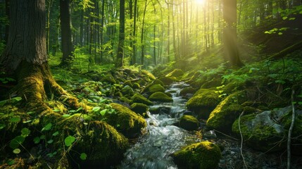 Obraz premium Spring Awakening: A serene forest scene with trees budding fresh green leaves, a gentle stream flowing through moss-covered rocks, and sunlight filtering through the canopy. Space on 