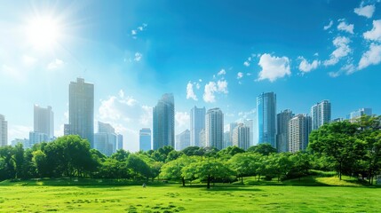 Obraz premium Urban Oasis: A city skyline with skyscrapers towering against a bright blue sky, with a park or green space in the foreground. Space in the sky or on the buildings for text. 