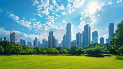 Fototapeta premium Urban Oasis: A city skyline with skyscrapers towering against a bright blue sky, with a park or green space in the foreground. Space in the sky or on the buildings for text.